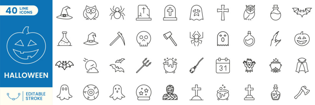 Halloween line icons set, spooky holiday outline symbols collection with ghost, pumpkin, witch hat, skull, bat, tombstone, vampire, coffin, spider, owl. Editable stroke