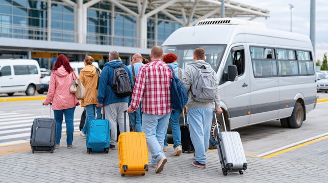 Travelers with luggage boarding a shuttle bus at the airport terminal drop-off zone
