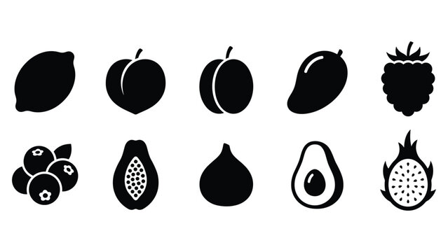 Set of fresh tropical and exotic fruits icons including citrus berries avocado and fig.