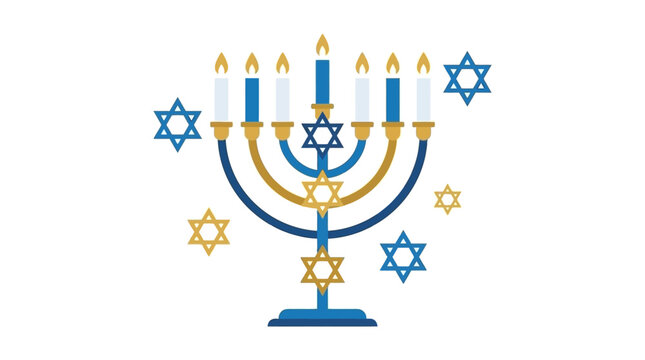 Blue and gold menorah with lit candles surrounded by stars of David
