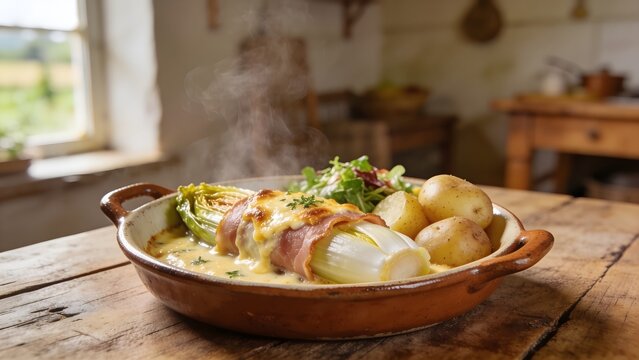 Traditional Belgian endive gratin in ceramic baking dish, rustic countryside lunch, golden cheese crust and creamy texture