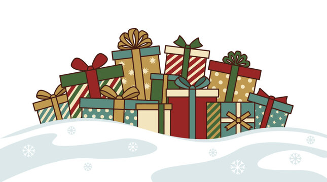 A pile of colorful Christmas gift boxes nestled in a snowbank