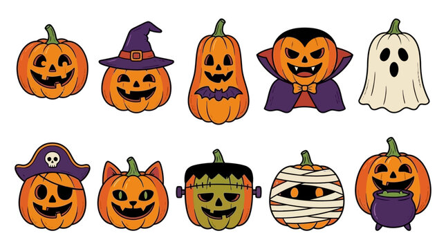 A delightful collection of Halloween pumpkins and spooky creatures in cartoon style