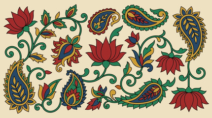 Colorful paisley and floral pattern on a beige background © anjany