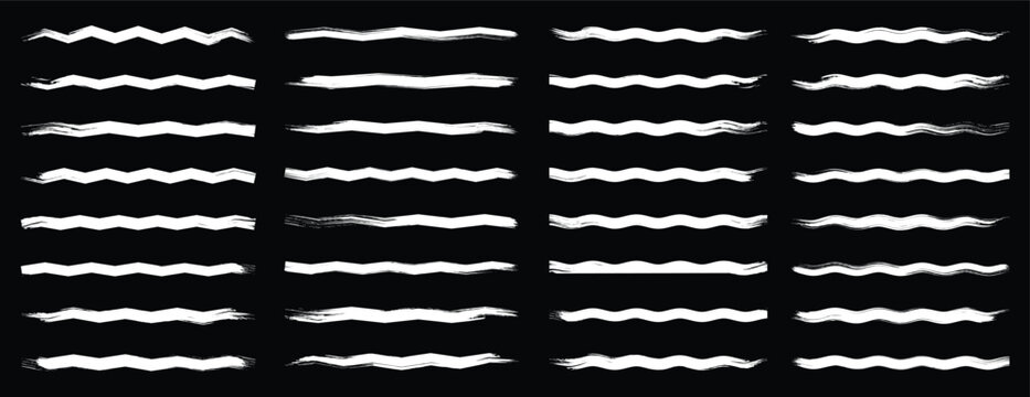 Set of hand painted chalk brushes. Grunge underline chalk with pencil line, Wave, straight, dotted, zigzag lines, crayon drawn lines illustrator brush stroke set. 