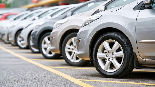 Row of parked cars in an airport parking lot with yellow lines