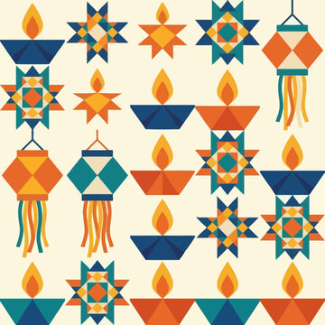 Colorful geometric pattern of traditional Diwali diyas and lanterns
