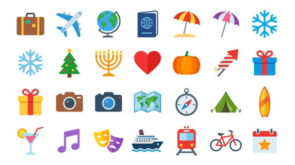 Fototapeta premium A collection of colorful flat vector icons representing various travel and holiday themes