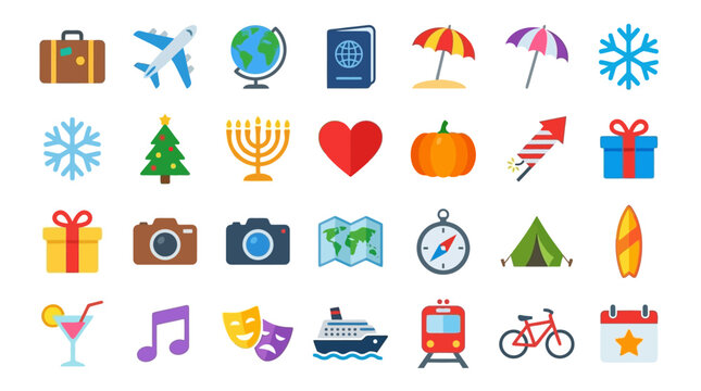 A collection of colorful flat vector icons representing various travel and holiday themes