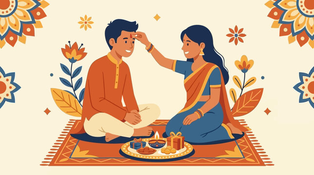 Woman applying tilak on brother forehead during Raksha Bandhan celebration