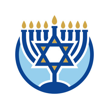 A blue and gold Hanukkah menorah illustration featuring the Star of David