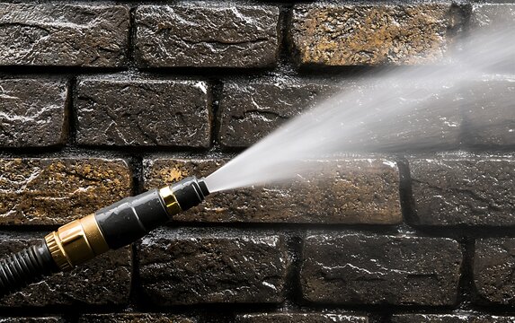 High-pressure water jet cleaning brick wall