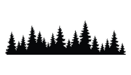Fototapeta premium Fir trees silhouette. Coniferous spruce horizontal background pattern, black evergreen woods vector illustration. Beautiful hand drawn panorama of coniferous forest