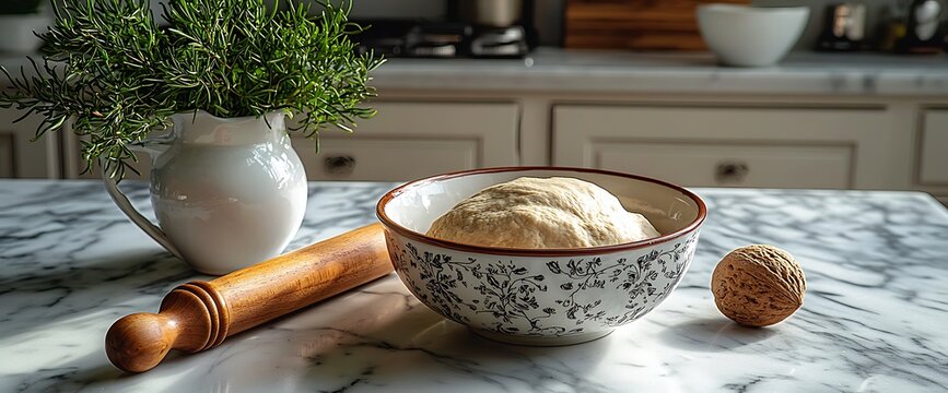 Kitchen Dough Bowl, Rolling Pin, Herbs; Marble Counter, Sunlight