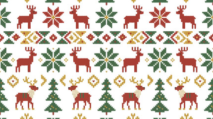 Festive winter pattern featuring red reindeer and green pine trees © asmara
