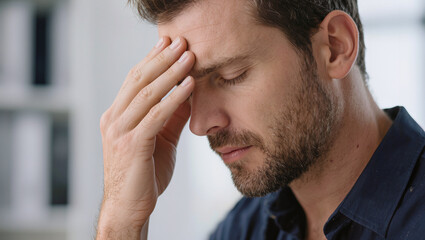 Fototapeta premium Stressed man with headache rubbing his forehead