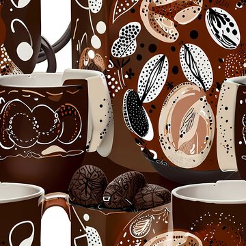 Naive scandinavian abstract cozy cafe seamless pattern with hand-drawn coffee mugs and beans.
