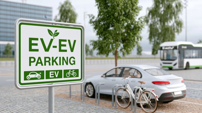 Green certified EV parking sign with electric car, bike racks, and bus