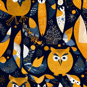 Naive scandinavian abstract seamless pattern with imperfect hand-drawn cute owls and stars.