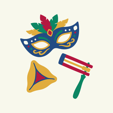 Vector illustration of Purim symbols including a mask, gragger and hamantaschen