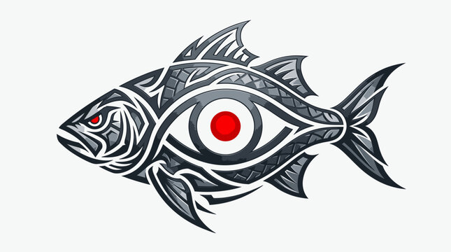 Detailed tribal fish illustration with a large red eye.