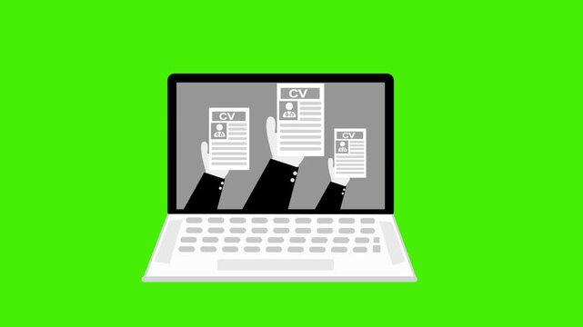 Animation of a laptop screen showing three hands holding cv/resume documents