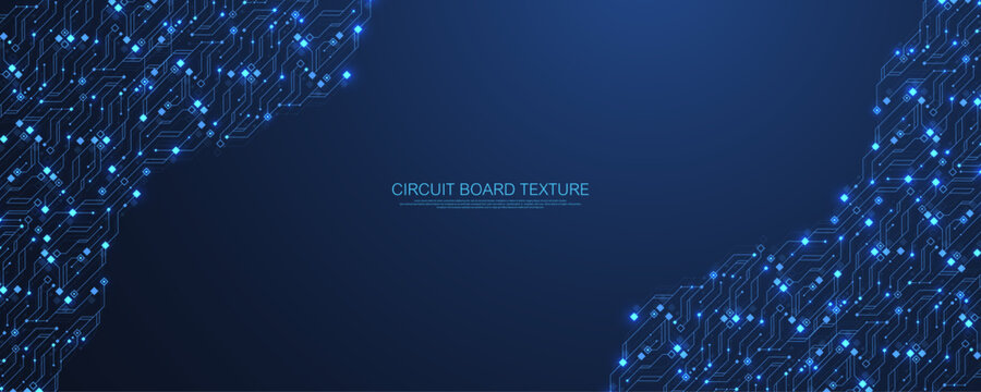 Futuristic blue circuit board system background. Modern technology circuit board texture background design. Quantum computer technology concept. Motherboard vector illustration