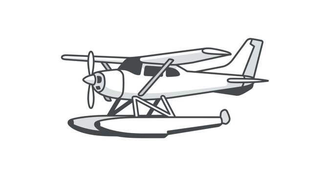 Seaplane Illustration: A detailed line art drawing of a floatplane aircraft in flight, showcasing its pontoons and propeller. Clean, modern vector graphic.