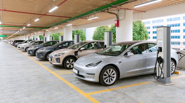Row of electric vehicles charging in a modern airport parking structure