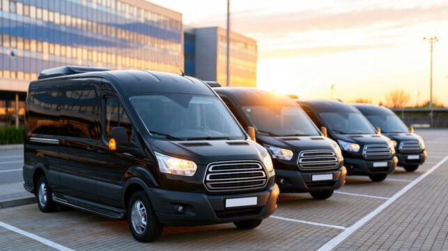 Several black passenger vans parked in a row at an airport during sunset