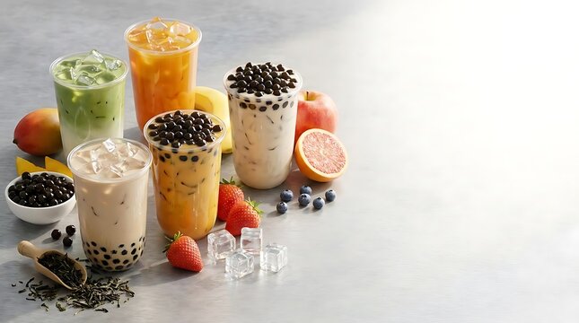 A refreshing selection of colorful bobba tea drinks served in clear plastic cups arranged on a grey table with fresh fruits and ice cubes for summer