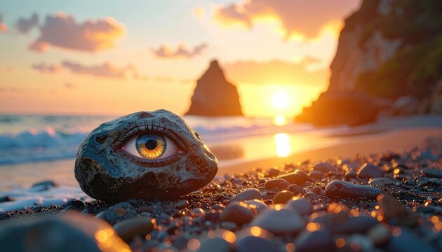 Mysterious Eye Rock on a Serene Beach at Sunset.
