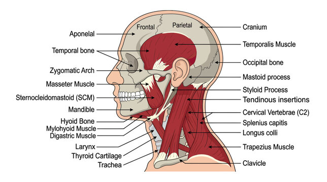 Anatomical Illustration of Human Head and Neck Muscles and Bones