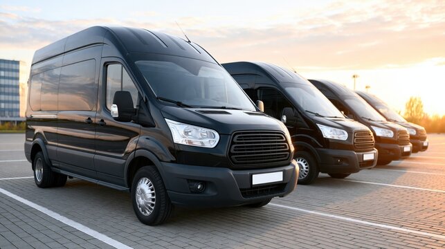 Several black passenger vans parked in a row at an airport lot during sunset