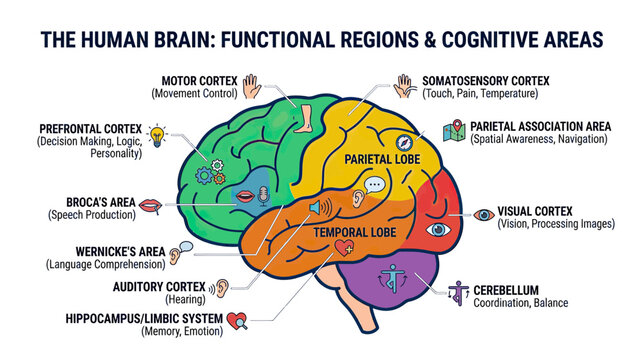 Human Brain Functional Regions and Cognitive Areas Diagram