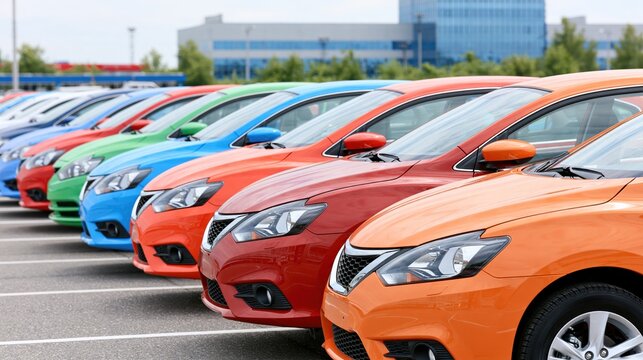 Row of colorful new sedans lined up in a dealership lot for sale