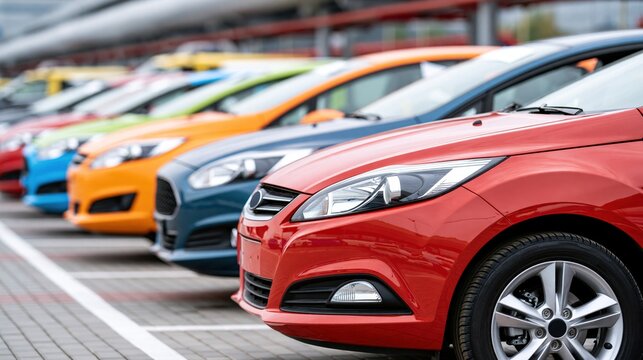 Row of colorful rental cars parked neatly in a lot ready for selection