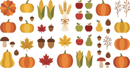 Autumn vector elements set with colorful fall leaves, pumpkins, acorns, and mushrooms © Nushrat