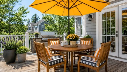 Fototapeta premium Cozy outdoor patio setup with wooden dining furniture and bright yellow umbrella on a sunny summer day