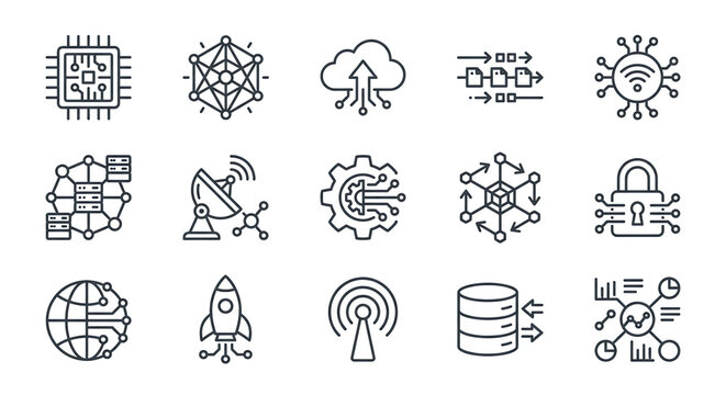Technology and digital big data vector icons set with abstract thin outline symbols, clean line elements of cpu chip, cloud storage, padlock cyber security, global network and rocket for tech business