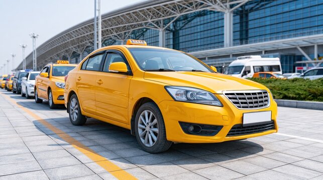 Yellow taxis lined up at airport terminal for passenger pickup service