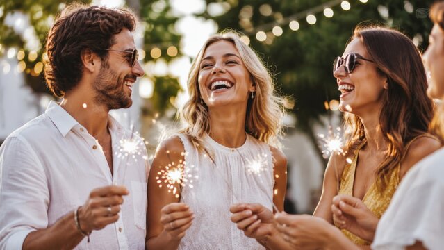 A group of friends laughing while holding lit sparklers in their hands, celebrating during a festive summer evening gathering