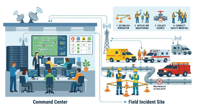 Integrated emergency response and command center system illustration.