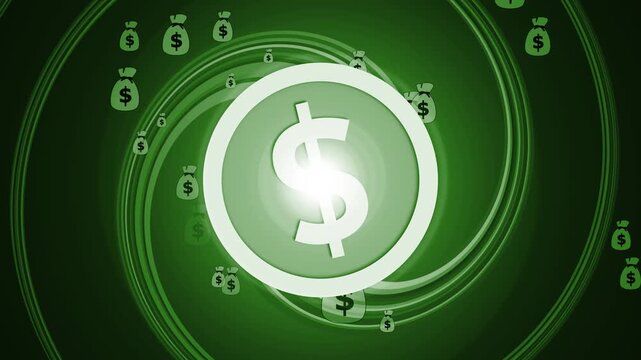 Dollar coin with swirling money bags background animation