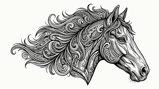 Stylized horse head with flowing ornate mane hair.