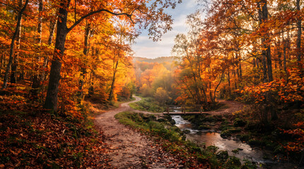 Fototapeta premium Narrow path through a vibrant autumn forest with a small flowing creek