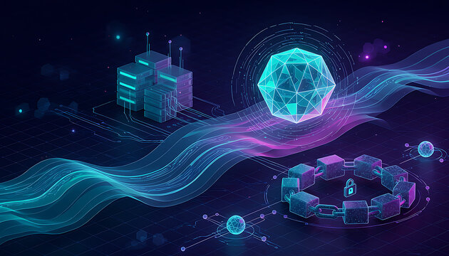 Abstract digital visualization of interconnected data networks, servers, and cloud computing in a futuristic style
