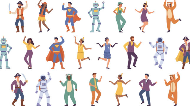 Diverse group of people dancing in various colorful costumes and outfits