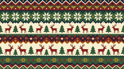 Festive winter pattern featuring traditional reindeer and evergreen tree motifs © avatar