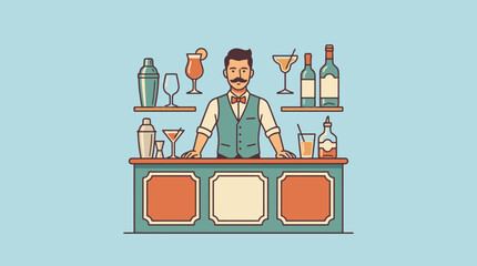 A professional bartender stands behind a counter with various cocktail glasses and bottles © berasere